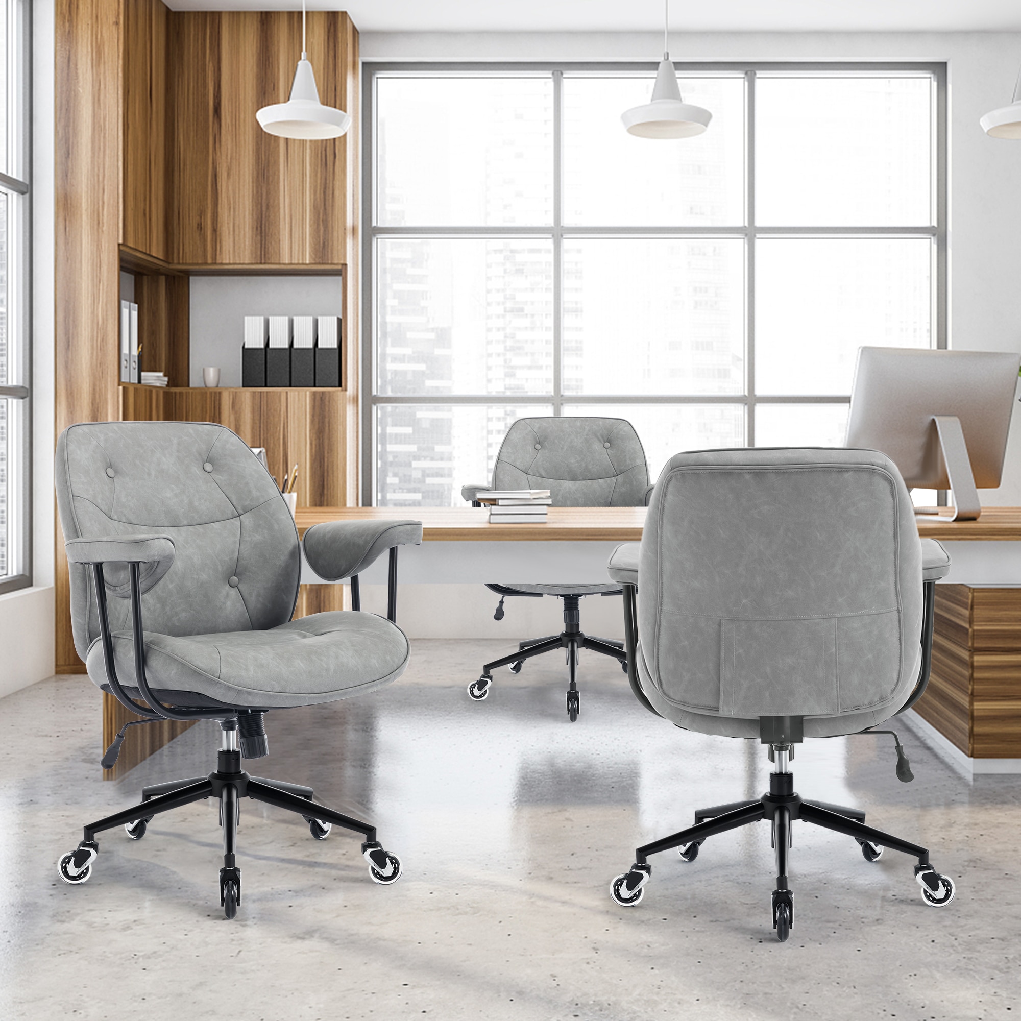 Retro Leather Office Chair With Lumbar Support And Rolling Wheels_voghion.com